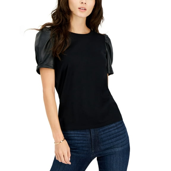 Women's Faux-Leather Short-Sleeve Top Black S