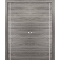 Solid French Double Doors 56 x 80 inches | Planum 0310 Ginger Ash with Frosted Glass | Wood Solid Panel Frame Trims | Closet Bedroom Sturdy Doors