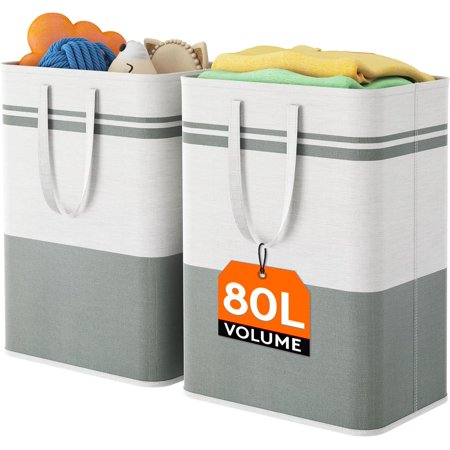 2 Pack 80L Large Freestanding Laundry Hamper, Collapsible Laundry Basket with Easy Carry Handles, Waterproof Tall Clothes Hamper for Laundry Dorm Bedroom Bathroom, Grey-White