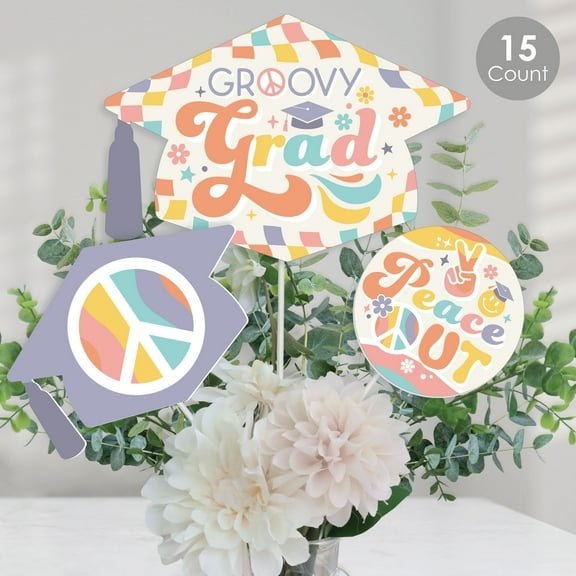 Big Dot of Happiness Groovy Grad - Hippie Graduation Party Centerpiece Sticks - Table Toppers - Set of 15