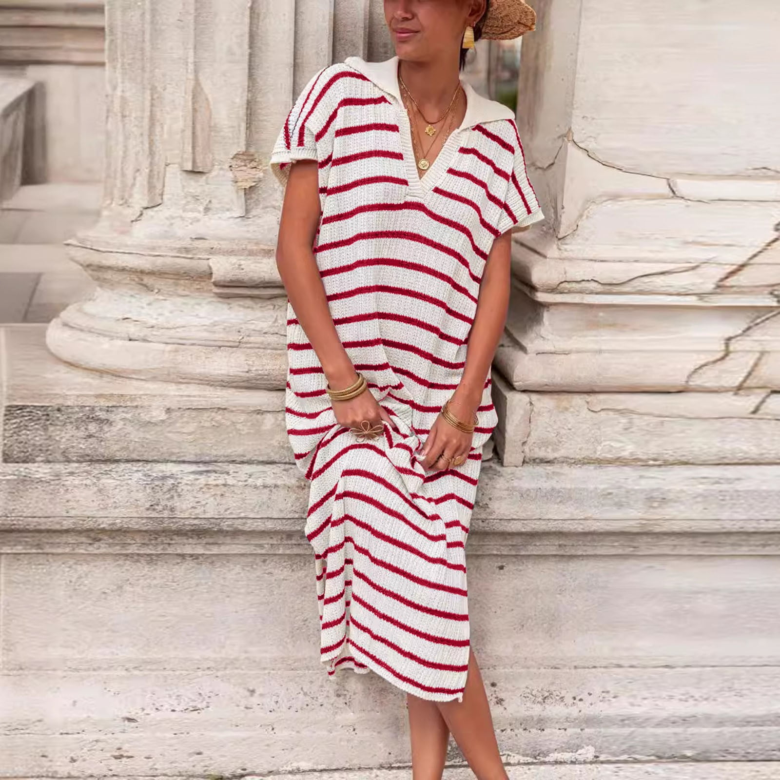 Women Casual Loose Long Dresses Fashion Versatile Striped Print