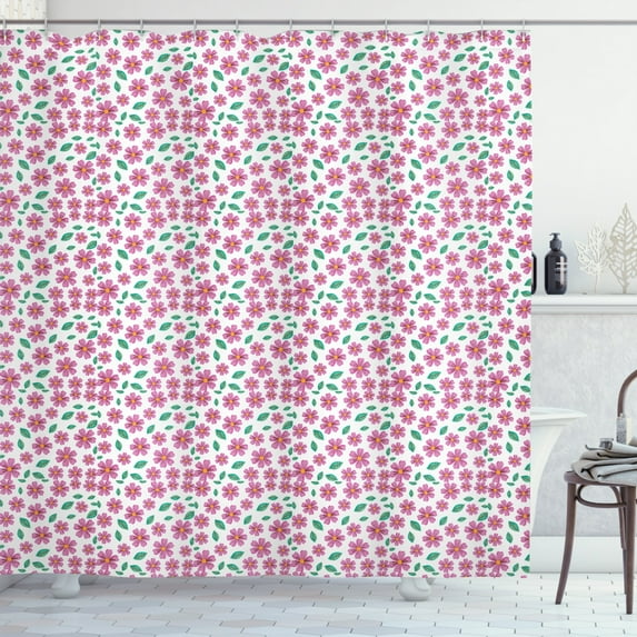 Floral Shower Curtain, Ornamental Garden of Leaves and Dotted Flowers on Plain Backdrop, Fabric Bathroom Set with Hooks, 69W X 84L Inches Extra Long, Pale Fuchsia and Jade Green, by Ambesonne