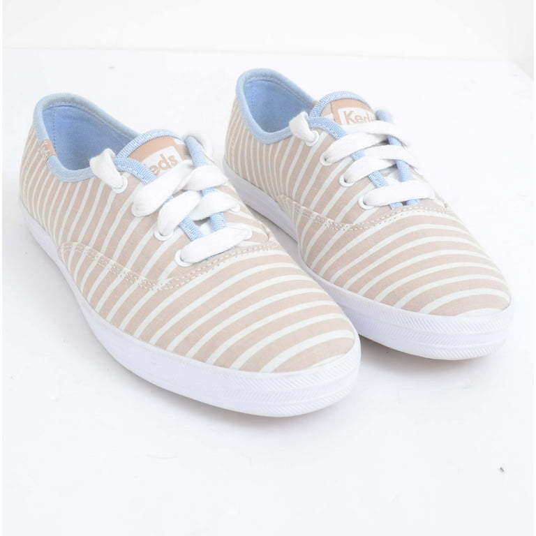 Keds Women s Champion Sneaker Tan White Stripe Blue Trim