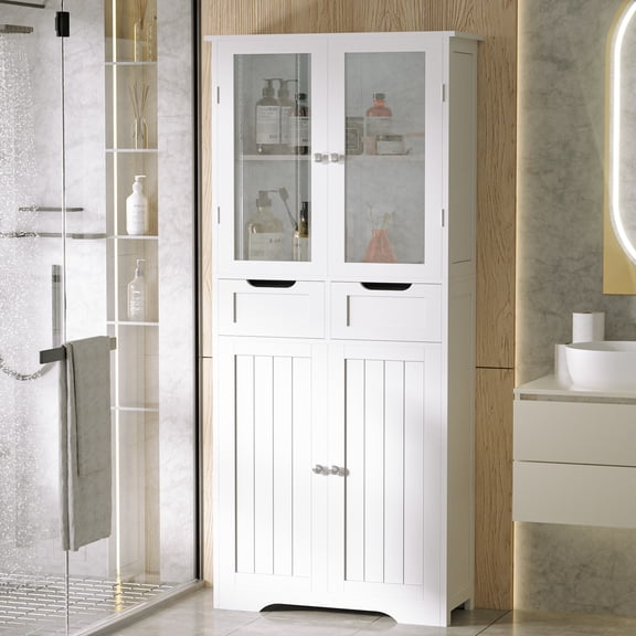 GETYES Tall Cabinet with 4 Glass Doors and Shelves, White, 1 Piece