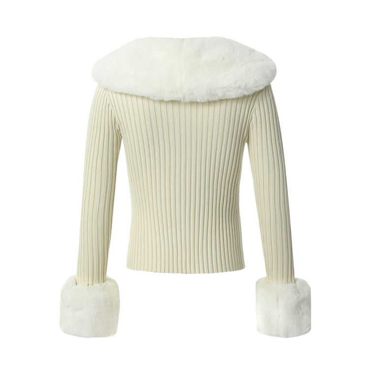 Aunavey Women's Faux Fur Trim Collar Cuffs Cardigan Sweaters Button Down  Jumper Top Slim Y2K Coat Outwear 
