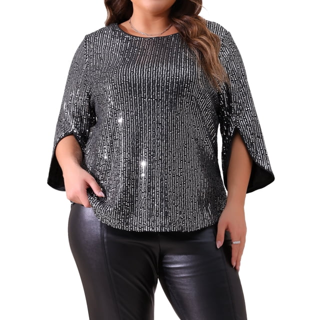 Agnes Orinda Blusas de Talla Grande para Mujeres con Lentejuelas Brillantes de Manga 3/4 y Cuello Redondo, Blusa de Fiesta con Brillo 2025 2X Negra