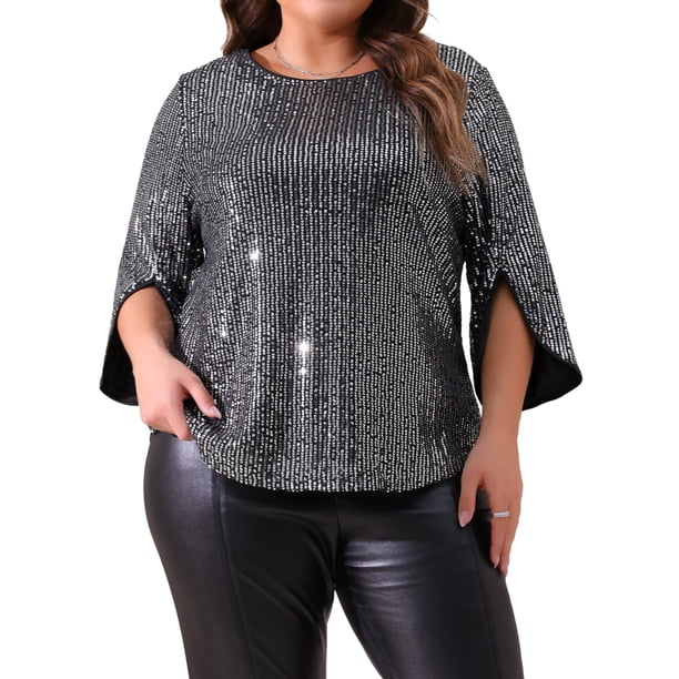 Agnes Orinda Blusas de Talla Grande para Mujeres con Lentejuelas Brillantes de Manga 3/4 y Cuello Redondo, Blusa de Fiesta con Brillo 2025 2X Negra