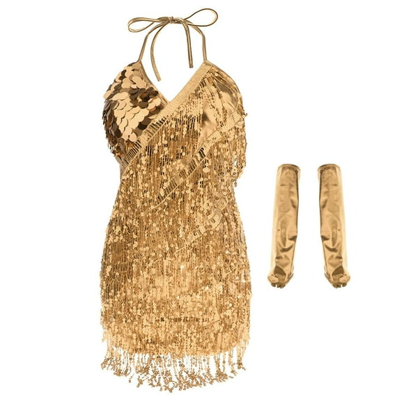 Vestido de baile latino Macarena lentejuelas borlas trajes de Samba oro 84 cm