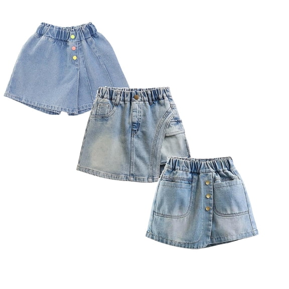 XEGLSBU 3 Pack Distressed Denim Skorts for Girls Button Front Washed Snowflake Design Casual Stretch Skirt Shorts for Little Girls Size 6-7 Years