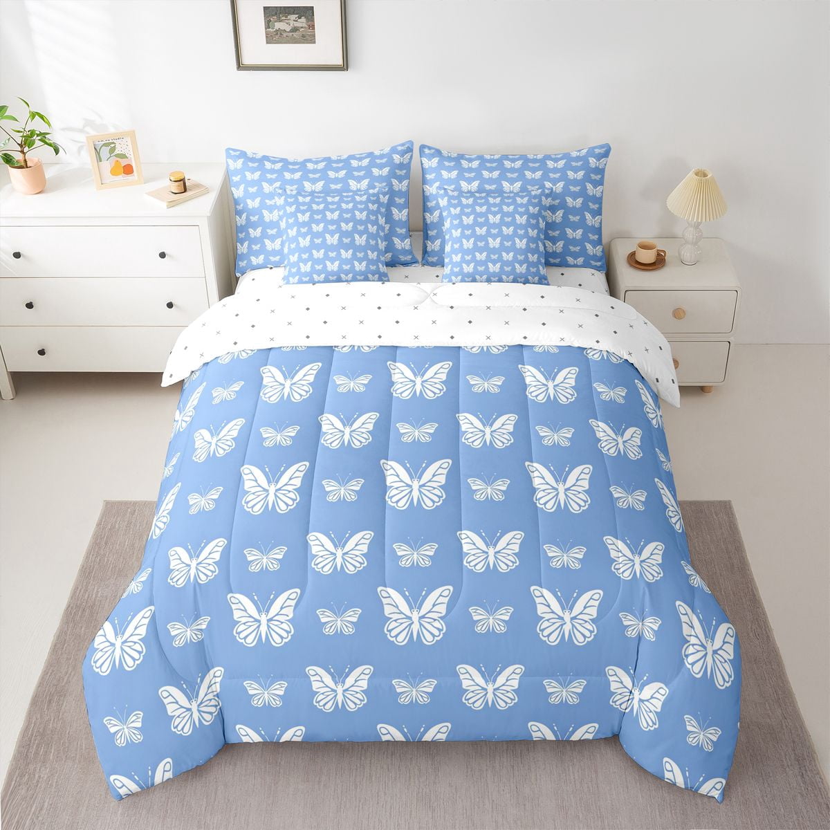 Homewish Gradient Colorful Butterfly 7-Piece Bedding Comforter Set,Flying Animal King Bedding Sets,Blue White Bed Sheets For Girls,Microfiber Bedroom Decor Reversible