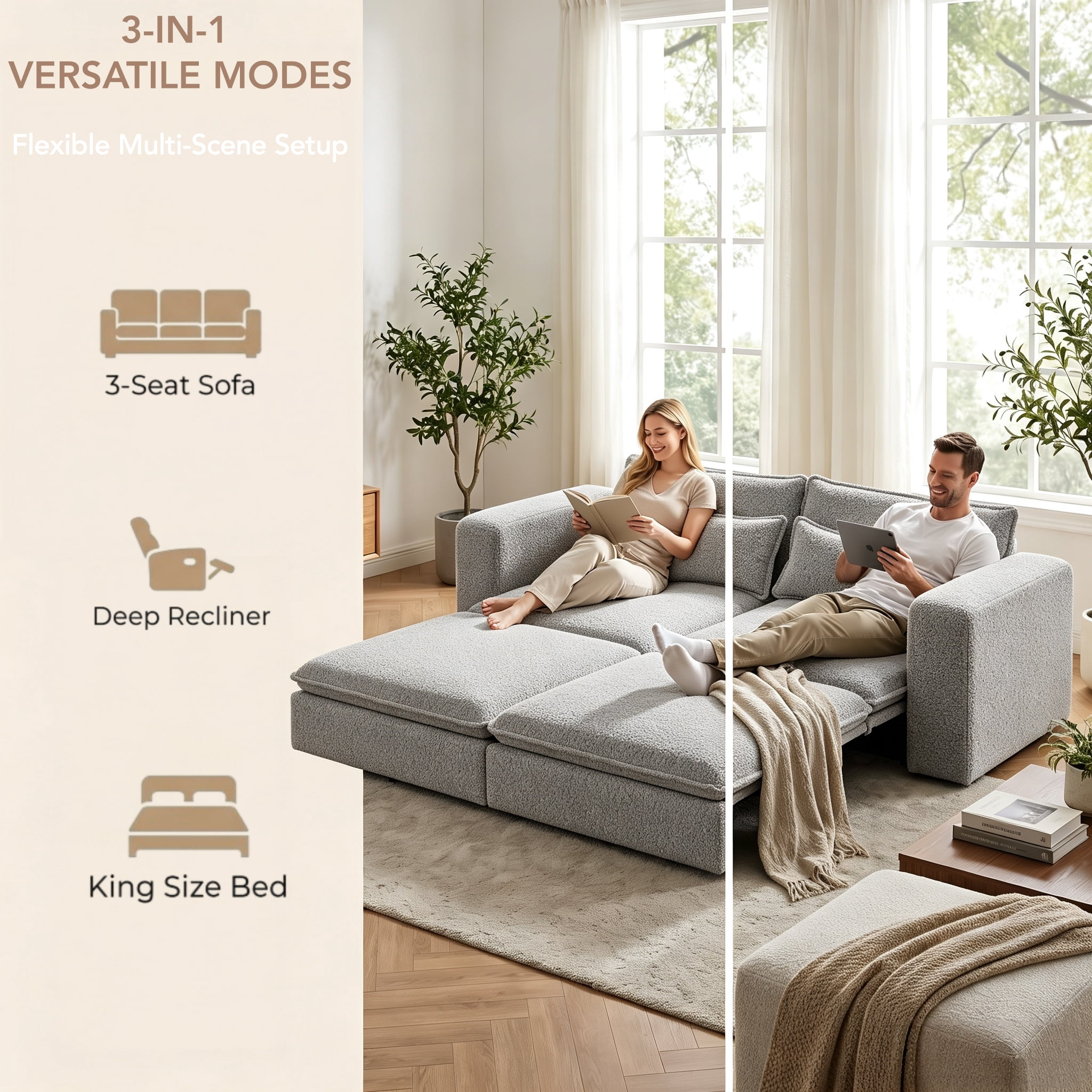 3-in-1 King Size Sleeper Sofa Bed, 93" Sherpa Fleece Pull Out Couch with Wide Armrests & Deep Seat, Modern Convertible Futon Lounge Sofa with 2 Pillows, Light Gray