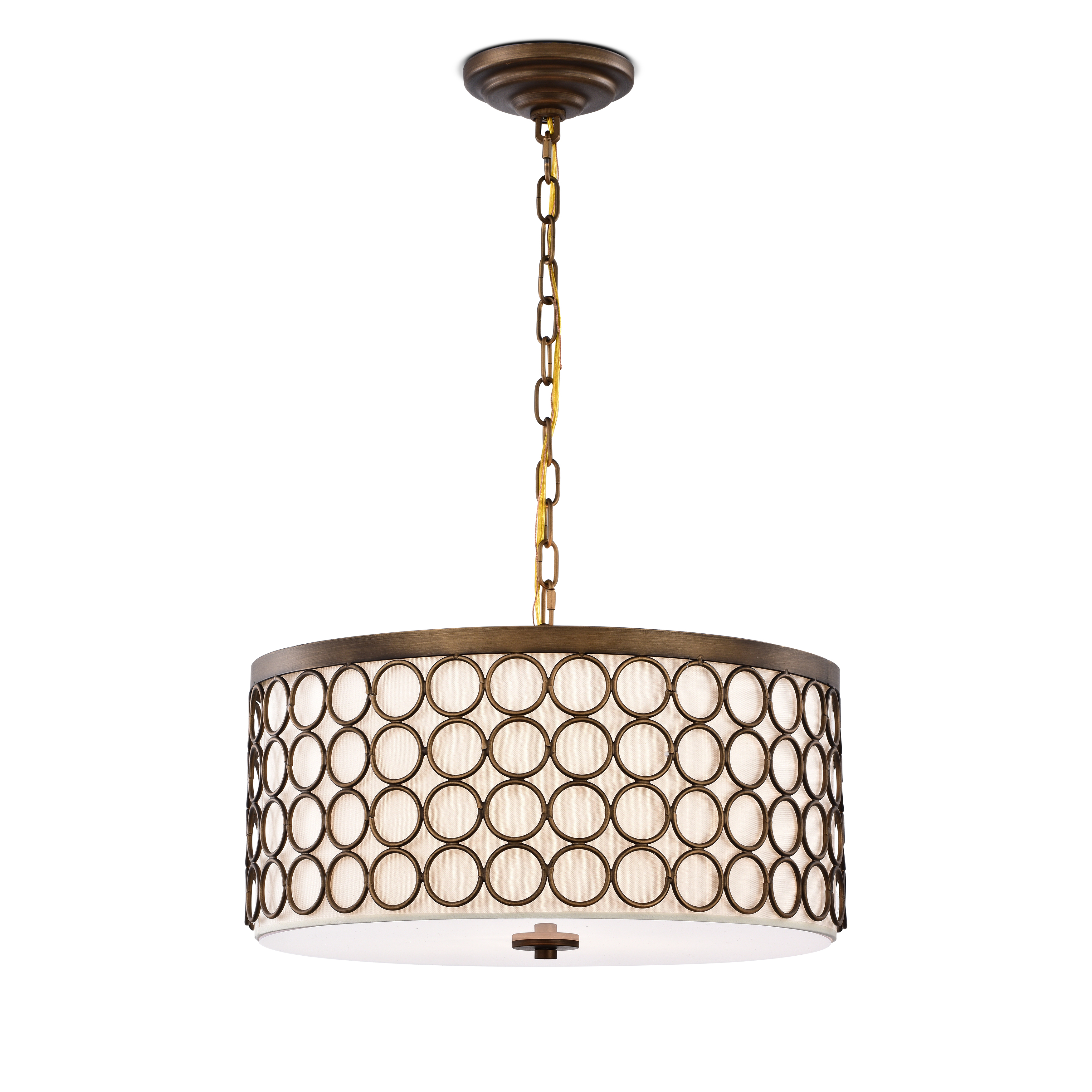Warehouse of Tiffany Tessa Satin Bronze 3-Light Drum Chandelier with Geometric-Patterned Metal Frame