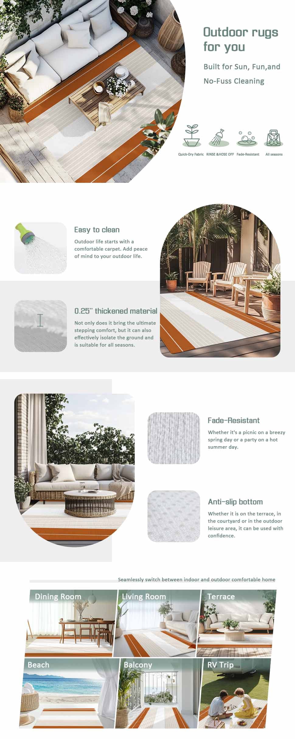 Orange Beige Stripe Outdoor Rug 5x8 Ft - Reversible Patio Rug Outdoor Camping Rugs, Modern Art Horizontal Striped Washable Indoor Outdoor Area Rugs, Non-Slip Outdoor Carpet Runner for Deck/Porch