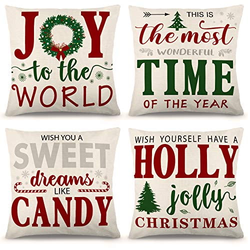 ZJHAI Christmas Pillow Covers 18×18 Inch Set of 4 Farmhouse Pillow Covers Holiday Rustic Linen Pillow Case for Sofa Couch Christmas Decorations Throw Pillow Covers