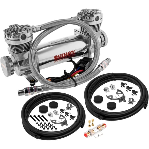 Vixen Air 300 PSI Dual Cylinder Heavy Duty Suspension/Bag/Train Horn Air Compressor with 3/8" NPT Stainless Steel Braided Hoses and 3/8" NPT Check Valves 12V Chrome VXC880C