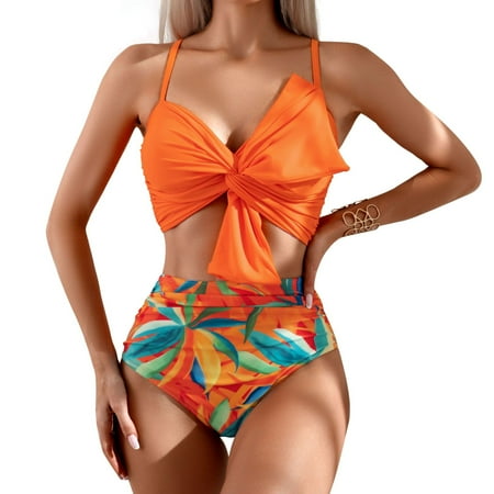 Previn Women s Bow 2 Piece Bikini Set Bunched Swimsuit Spring Break Cami Chic Cool Brief Cheeky Sexy Holiday Bathing Suit Beachwear Orange Small