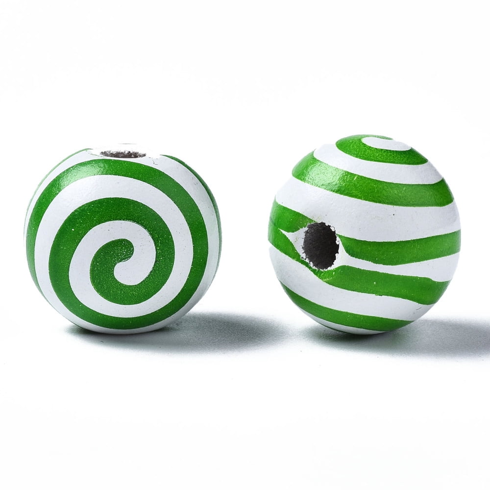 500pcs Painted Wood European Beads Large Hole Beads Printed Round with Stripe Green 16x15mm Hole: 4mm