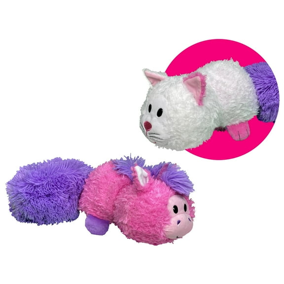 FlipaZoo Magic Tails Pink Unicorn to White Cat - 2-In-1 Animal Plush w/ Bonus 3" Baby Org, Stores Items Inside, Flips To Reveal 2nd Character, Kids