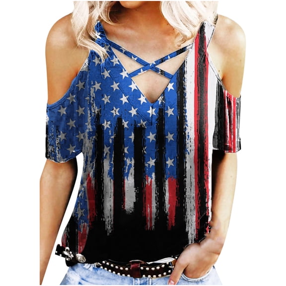 USSUMA Plus Womens Tops Dressy Casual Sexy Cold Shoulder Crossline V Neck Women's Tunics 4th of July American Flag Basic Tee T Shirts for Women Short Sleeve Summer Blouses Trendy