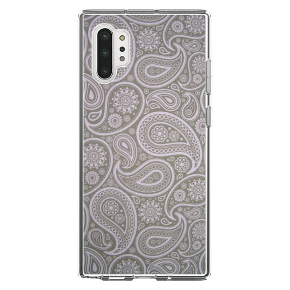 DistinctInk Clear Shockproof Hybrid Case for Galaxy Note 10 PLUS (6.8" Screen) - TPU Bumper, Acrylic Back, Tempered Glass Screen Protector - Grey Black Paisley