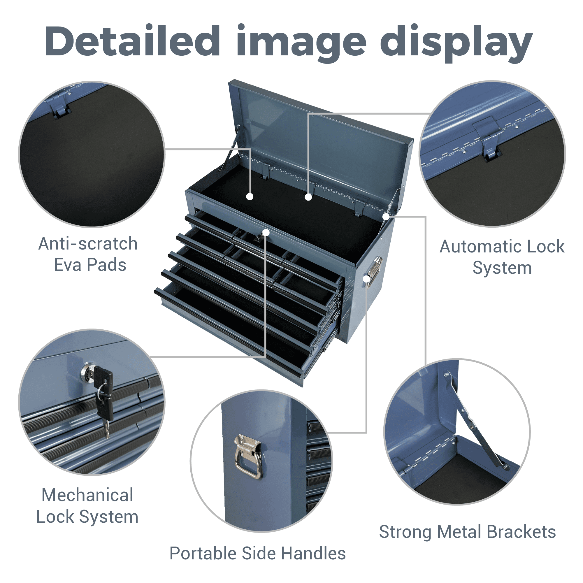 Heavy Duty Metal Tool Box,24 Inch Portable Tool Chest with 9 Drawers, Ball Bearing Slide Drawers with Auto-Locking System, Lockable Top Box Tool Organizer for Garage, Workshop, Truck,Grey