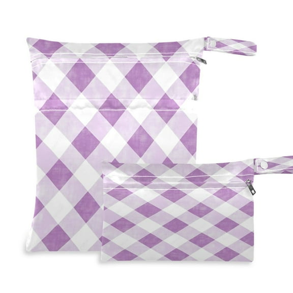 2 PCS Wet Dry Bags for Baby Cloth Diapers Reusable Waterproof Wet Bags for Stroller, Travel & Gym Light Purple and White Gingham