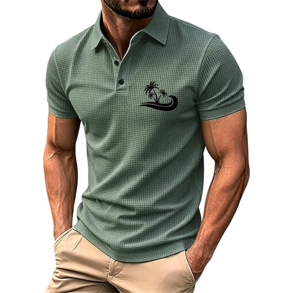 Mens Polo Shirts Summer Fashion Coconut Tree Print Casual Large Sized Loose Mesh Short Sleeve Lapal Shirt
