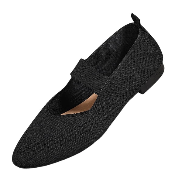 Womens Black Breathable Knit Ballet Flats Pointed Toe Mary Jane Comfort Shoes Low Block Heel Non-Slip Casual Work Travel,Size 7