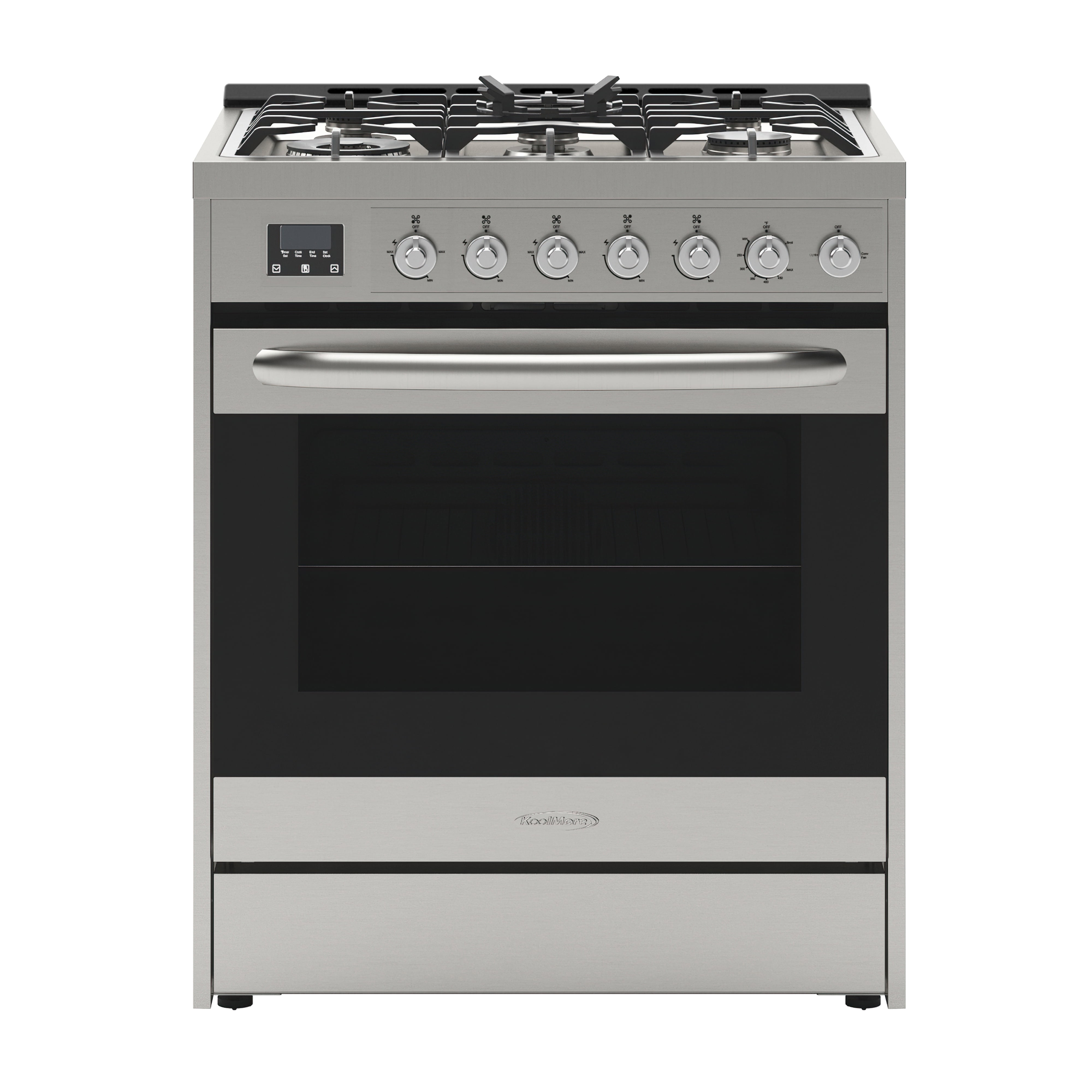 30” Inch Professional Gas Range Stove with 5 Burner Cooktop, Rapid Convection Oven, and Digital Timer with Heavy-Duty Cast Iron Grates, Stainless-Steel Appliance, Silver