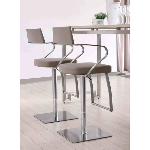 Zuri Barstool Taupe adjustable height with armrests and square stainless steel base.