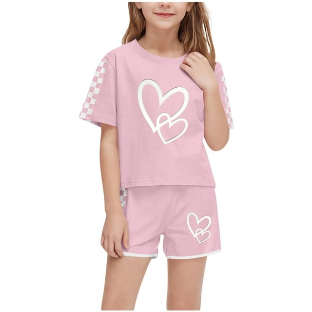 Zpanxa Ensembles d'Été pour Filles Mode Décontractée Manches Courtes Col Rond Col Bouton Imprimé Ensembles de Shorts 10 Ans