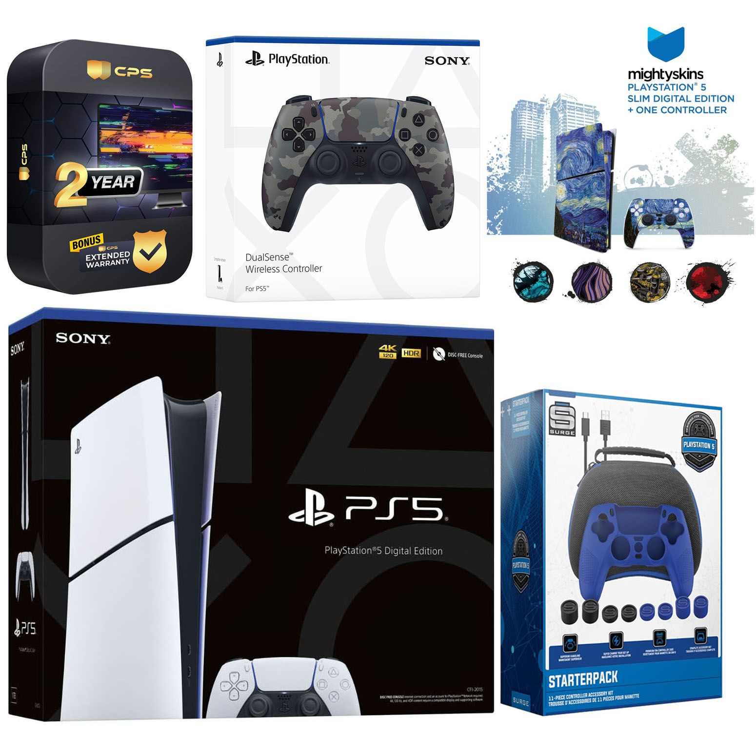 Sony Playstation 5 Slim Digital with Extra Gray Camo Controller, Gamer Starter Kit and MightySkins Decal Voucher Plus 2 Year CPS Extended Warranty