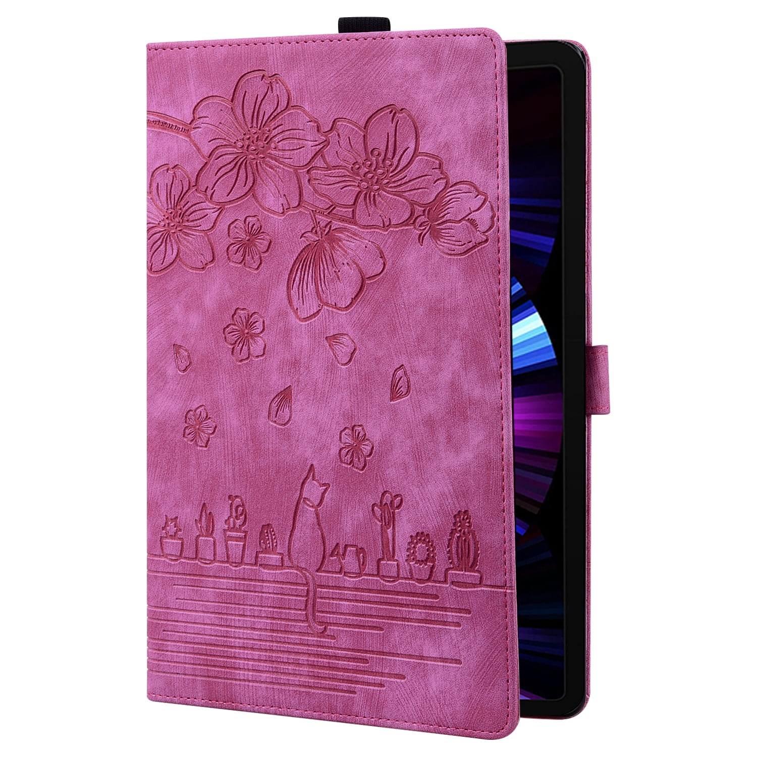 Allytechgroup Flip Case for Apple Pro 11" 2022/2021/2020/2018 4th 3rd 2nd 1st Gen, PU Leather Flower Embossed Pencil Holder Kickstand Bumper Auto Sleep Wake Case Cover for Girls Women, Rose