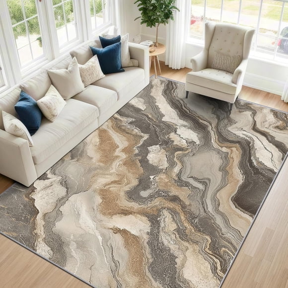 Modern Marble Area Rugs, Neutral Abstract Wave Carpet, Washable Non Slip Low Pile Soft Rug for Living Room Bedroom Decor Mat 3x4ft