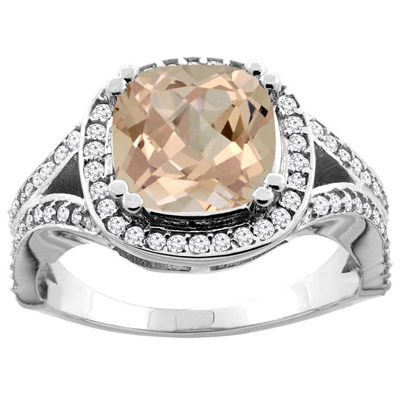 10K White Gold Natural Morganite Split Ring Cushion 8x8mm Diamond Accent, size 7