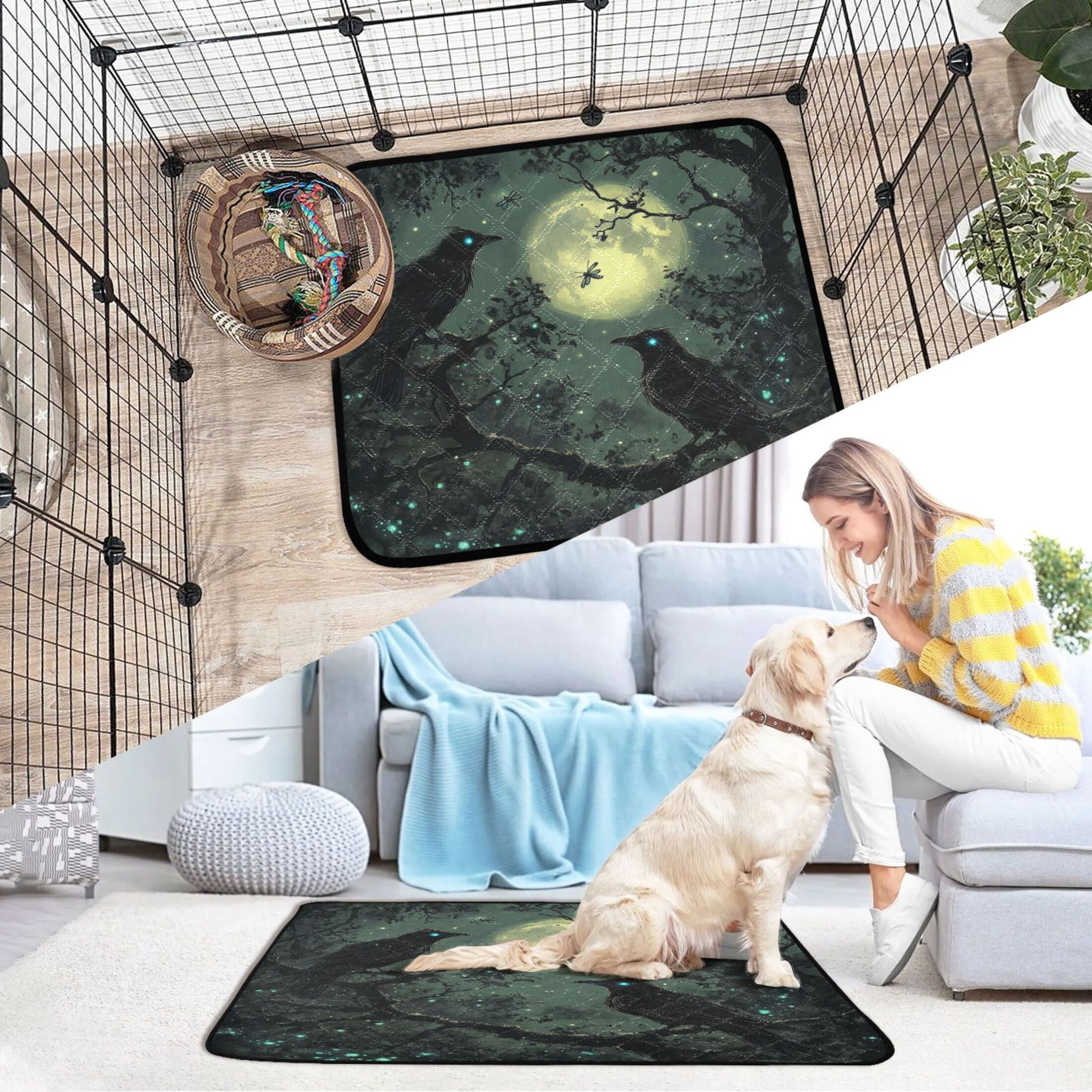 Qxltty Midnight Dark Crow Cat litter Pads Pet Set of 3 Diaper Mats Center Anti-leakage Layer Absorbent Soft and Comfortable