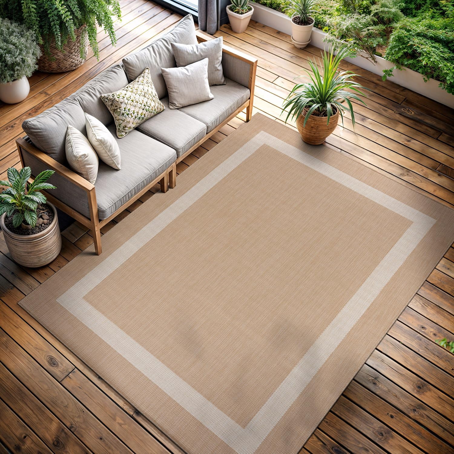 Outdoor Rug 5x7  Modern Outside Rugs For Patios Porches Waterproof Durable Washable Non-shedding Easy-to-clean Indoor Area Carpet (5 X 7 Bordered - Beige/white)