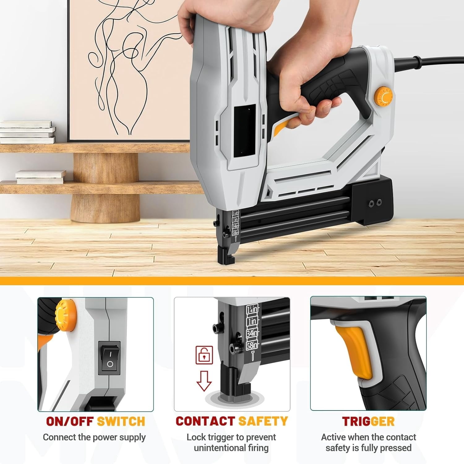 2-in-1 electric nail gun, size 18 heavy-duty nail gun, 120V, suitable for indoor decoration, woodworking DIY， Comes with 200 3/4 inch narrow crown nails and 800 nails.