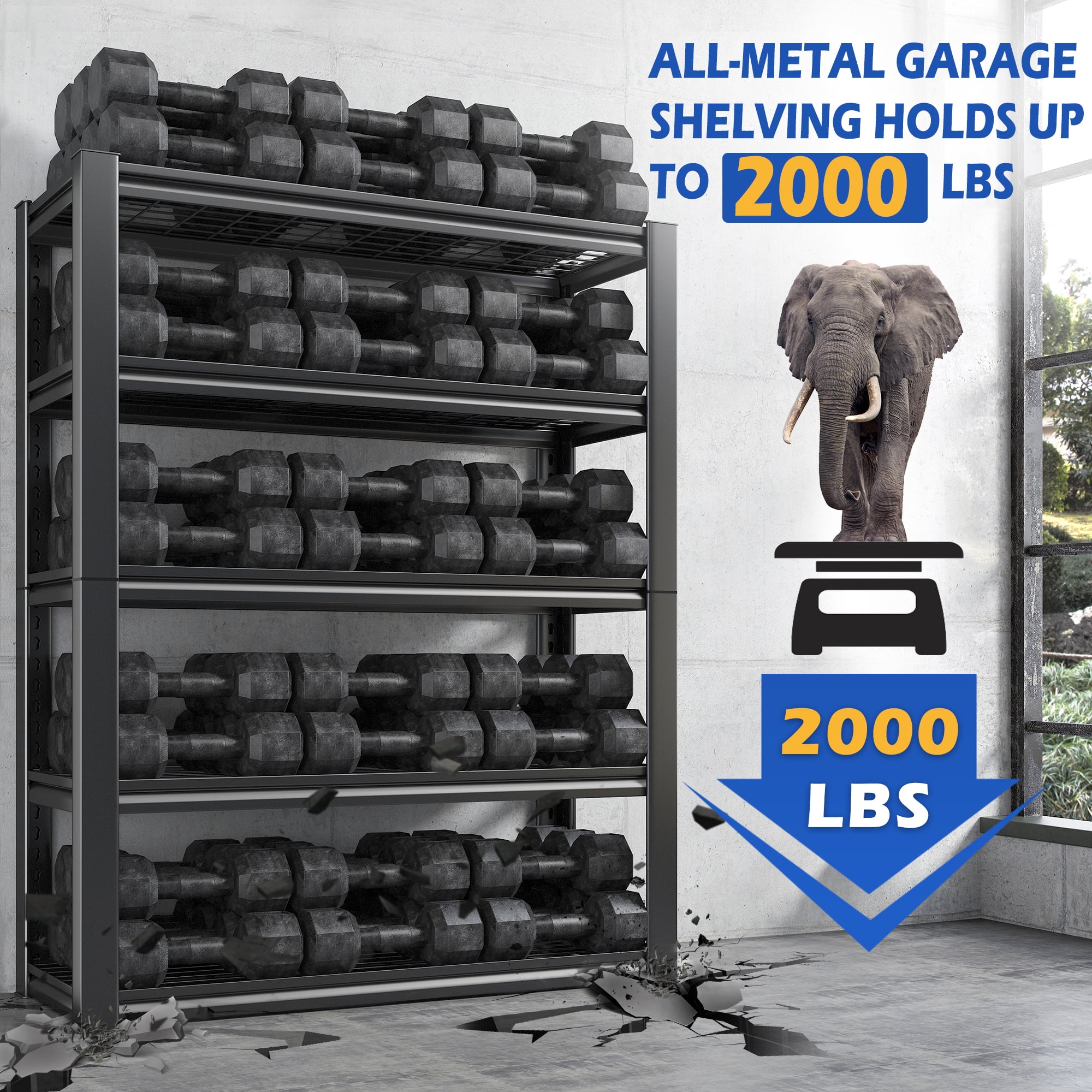 REIBII 2 Pack 5-Tier Garage Shelving Unit Heavy Duty Storage Shelves Holds 2000LBS, Adjustable Metal Shelving Garage Storage Shelves Industrial Shelving Unit for Basement,Black