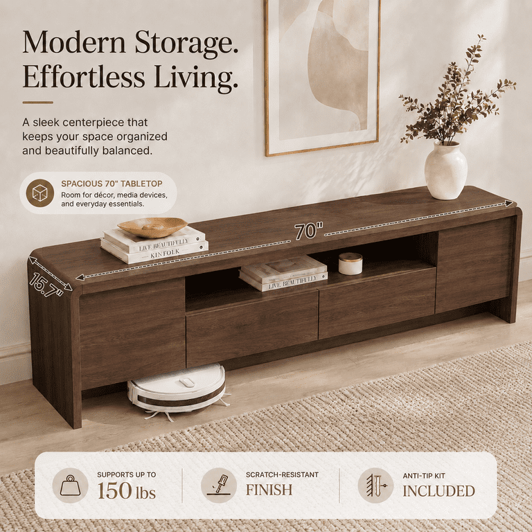 Lacoo 70 Inch TV Stand for 55-75 Inch TVs, Entertainment Center with 2 Drawers and Storage Cabinets, Media Console for Living Room , Walnut