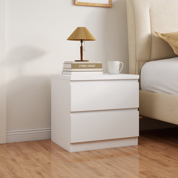 Oufan Nightstand, Wooden Beside Table with 2 Drawers & Handle Free Design, Small Side Table Storage Cabinet for Bedroom, Living Room