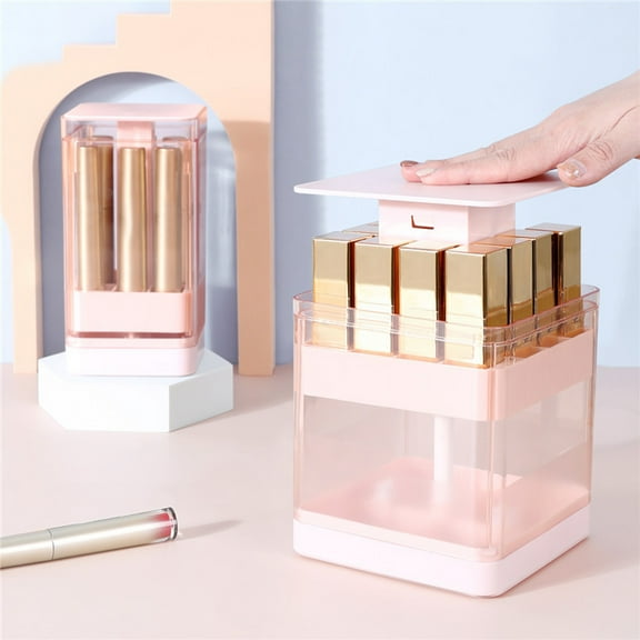 Automatic Lift Lipstick Organizer, Press-Type Lip Gloss Holder with Transparent Cover, 12 Compartment Makeup Storage Box, Desktop Cosmetic Organizer for Dresser, Vanity