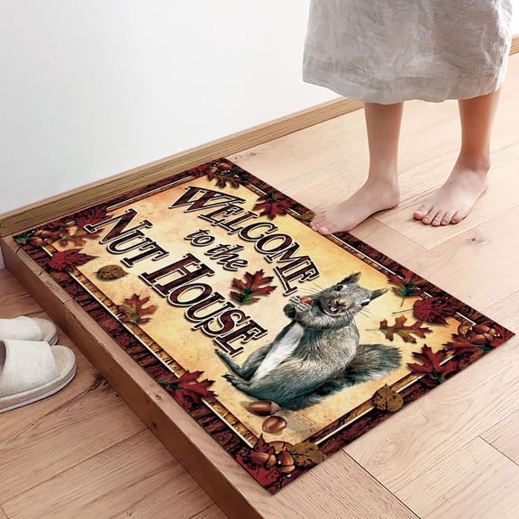 Funny Front Door Mat Welcome to The Nut House Thanksgiving Autumn Retro Squirrel Maple Leaves Non Slip Welcome Mat Low Profile Front Doormat for Entryway Porch Kitchen High Traffic Areas 24 x 16 Inch