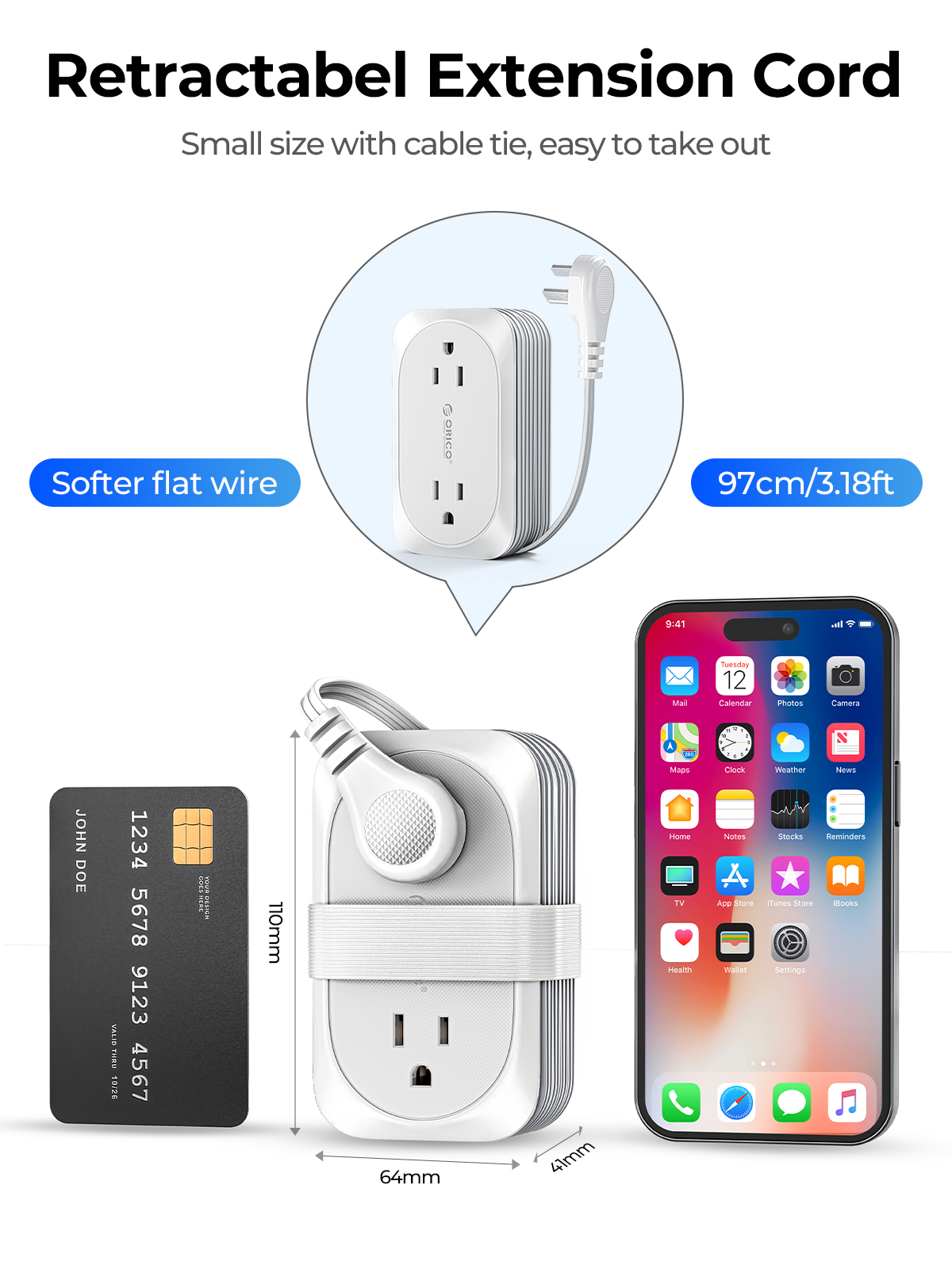 ORICO Travel Power Strip with USB Ports 4 Outlet Power Strip Flat Plug with Smart 3 USB,3.18ft Extension Cord Outlet Extender for Travel/Home /Office