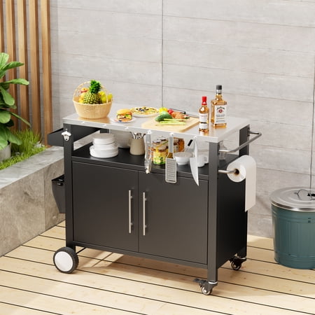 Outdoor Grill Bar Cart, for Kitchen/Patio, Heavy-Duty Square Tube Legs, Black, Wood, With Storage, Outdoor Storage