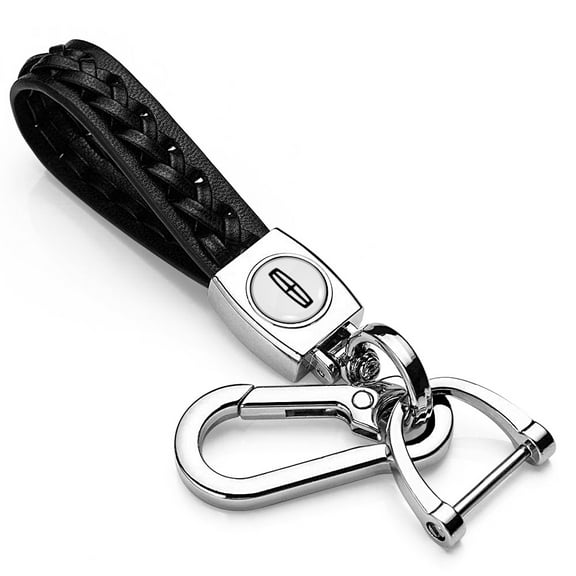 Lincoln Logo in White Braided Rope Style Genuine Black Leather Key Chain