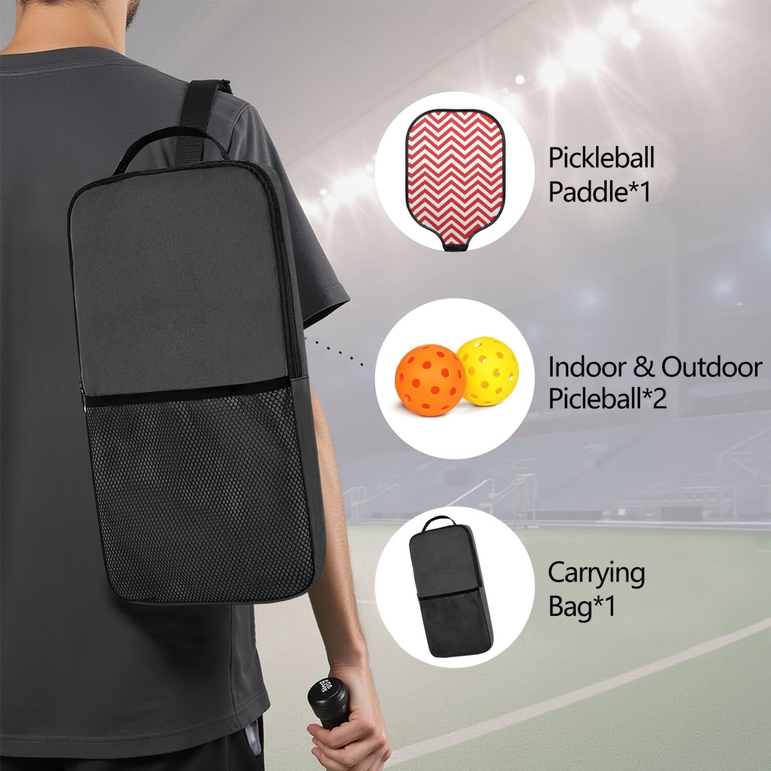 Pickleball Paddles Set Of 1, Fiberglass Surface, Colorful Lines Print, 1 Paddle, 2 Balls & Bag