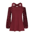 thumbnail image 6 of Aboser Womens Off the Shoulder Tunic Tops Sparkly Sequin Evening Party Shirts Trendy Lantern Long Sleeve Blouses Elegant Crossover Halter Tunics Loose Fit Casual Blouse Wine M, 6 of 8