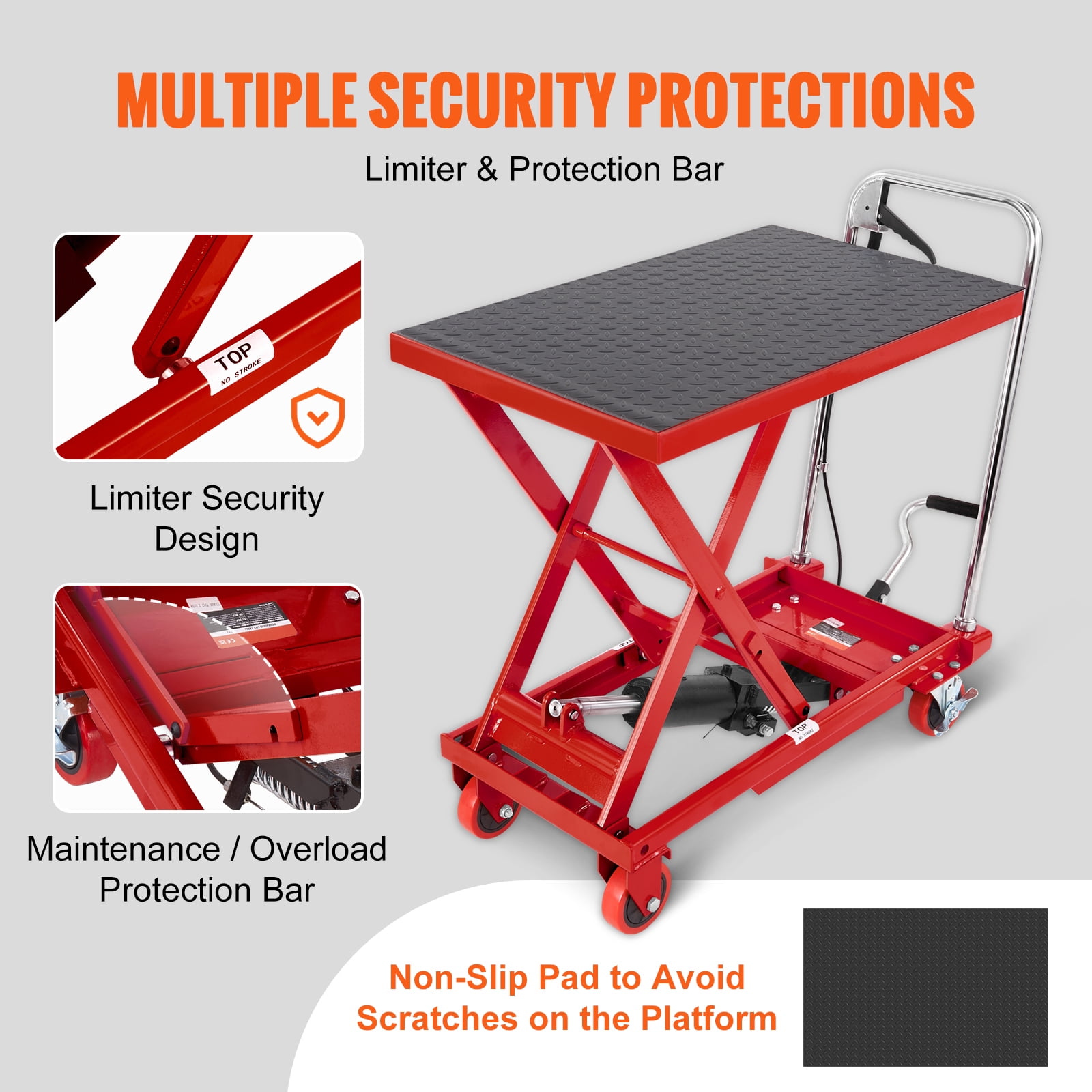 KFFKFF Manual Hydraulic Table Cart, Carrying Capacity of 500lbs, Elevates to 28.5", Single Scissor Design, Equipped with 4 Wheels and Anti-slip Pad, Red Hydraulic Scissor Cart for Material Transport