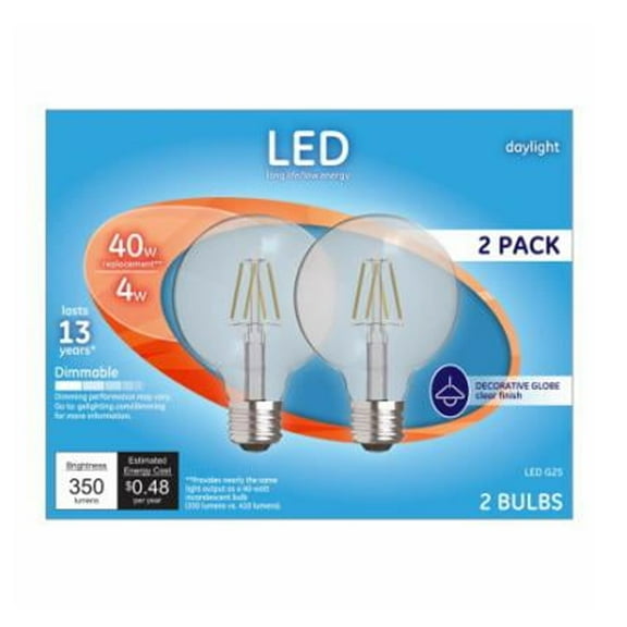 GE 28942 Decorative Globe LED Light Bulbs, Daylight, Clear, 350 Lumens, 4 Watt, 2-Pk. - Quantity 1
